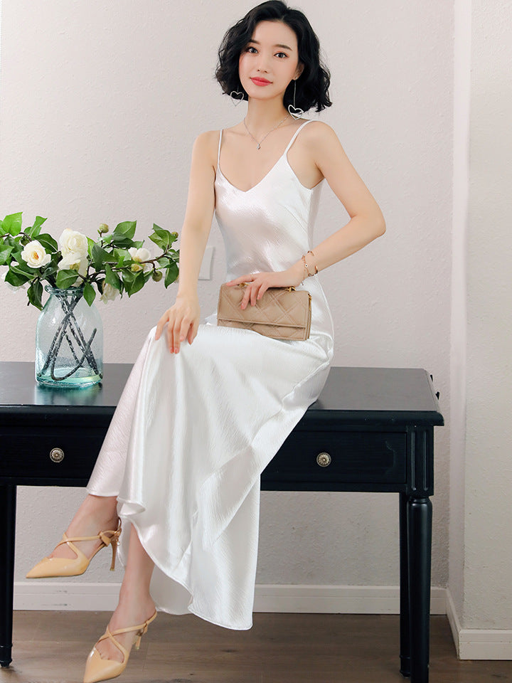 Spaghetti Strap Party Bodycon Dress Vintage Gold White Silk Sexy Maxi Dress