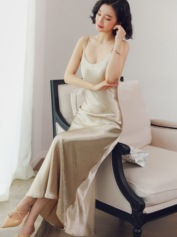 Spaghetti Strap Party Bodycon Dress Vintage Gold White Silk Sexy Maxi Dress