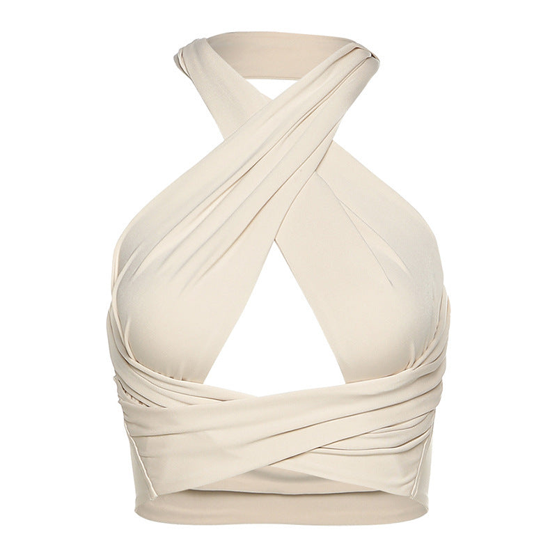 Chic Cross-Front Halter Crop Top - Beige & White Korean Women's Bandage Vest Top