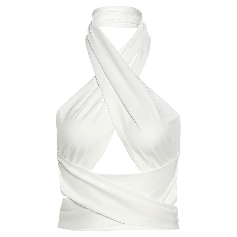 Chic Cross-Front Halter Crop Top - Beige & White Korean Women's Bandage Vest Top