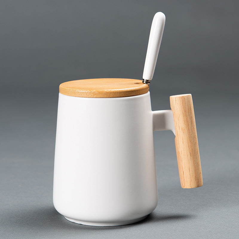 Aesthetic Home Office Coffee & Tea Cup with Lid Ceramic Mug With Wooden Handle Mug Coffee Cup
