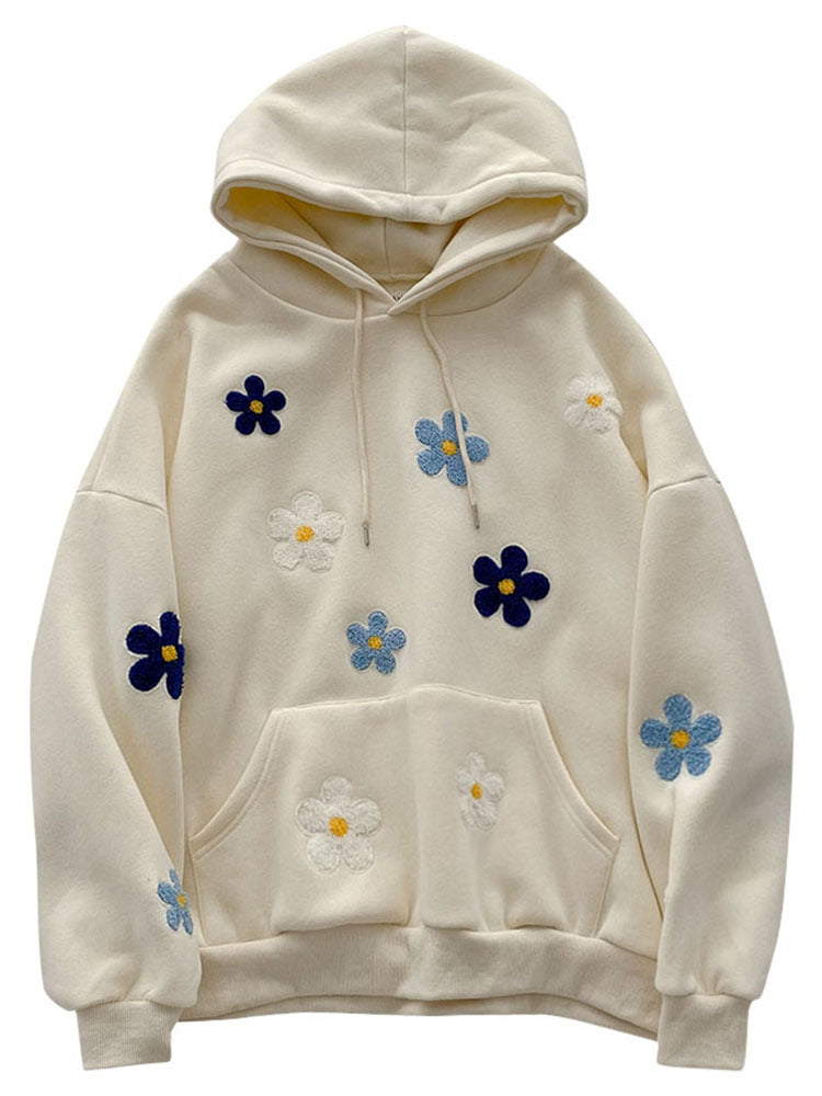 Cozy Floral Embroidered Hoodie – Cute Daisy & Flower Pattern Sweatshirt Clothing Korean Students Versatile Plush Thickened Crochet Top Fashion