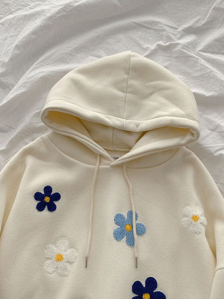 Cozy Floral Embroidered Hoodie – Cute Daisy & Flower Pattern Sweatshirt Clothing Korean Students Versatile Plush Thickened Crochet Top Fashion