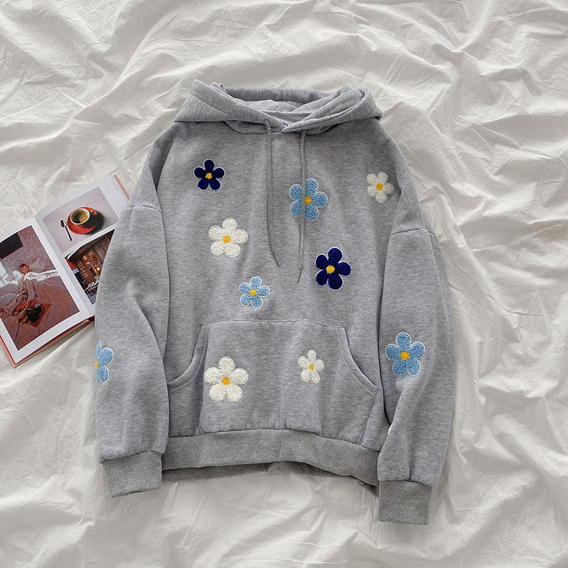 Cozy Floral Embroidered Hoodie – Cute Daisy & Flower Pattern Sweatshirt Clothing Korean Students Versatile Plush Thickened Crochet Top Fashion