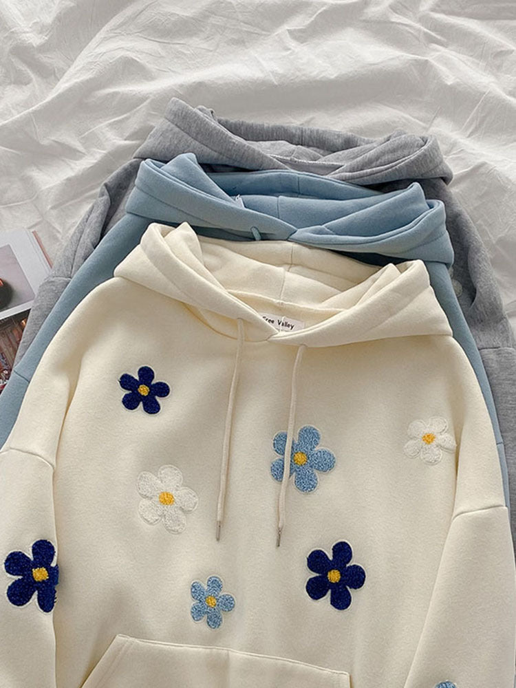Cozy Floral Embroidered Hoodie – Cute Daisy & Flower Pattern Sweatshirt Clothing Korean Students Versatile Plush Thickened Crochet Top Fashion