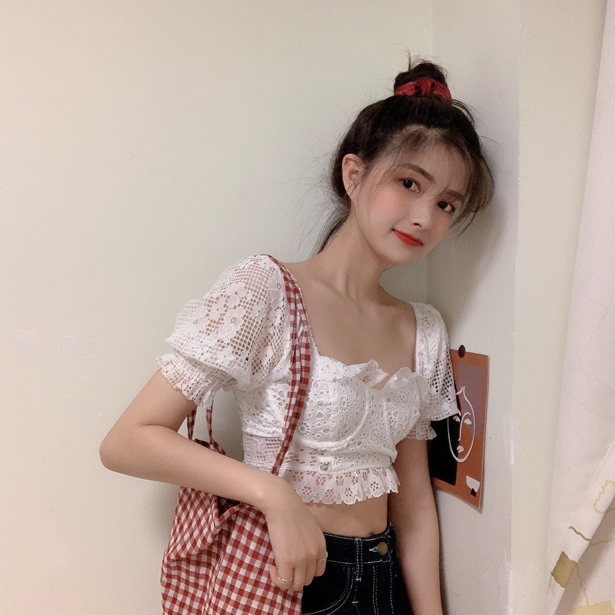 Sweet & Chic Embroidered Lace Blouse - Women's Cropped Top Korean style lace puff sleeve short top