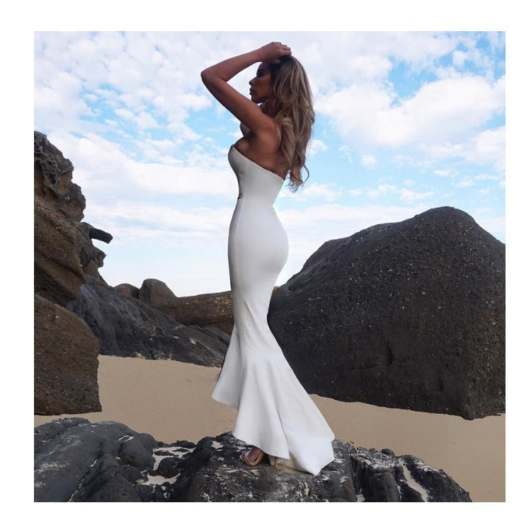 New Sexy Tube Top Halter Waist Slimming One Step Fishtail White Dress Evening Dress