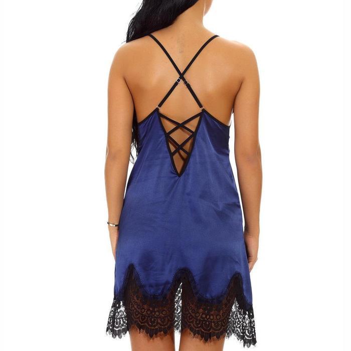 Silky Satin Lingerie Dress with Eyelash Lace Sexy Criss Cross Back Long Dresses Baby dolls