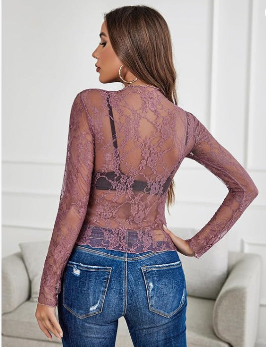 Mesh Top Long Sleeve Transparent Crop Top For Women's
