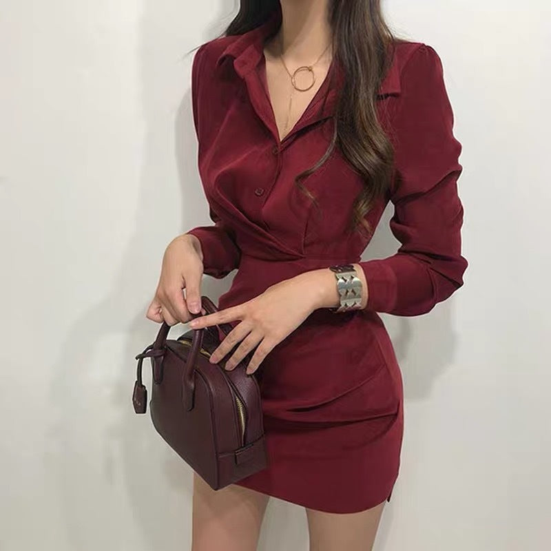 Versatile Button-Up Wrap Front Mini Dress Retro Waist Slim Dress