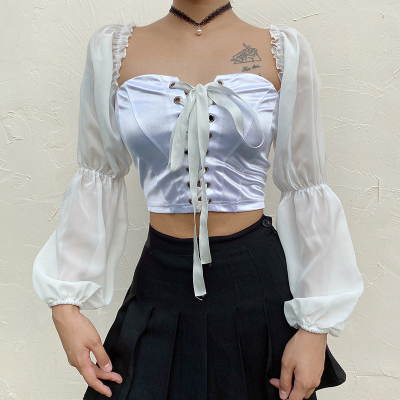 Mesh Puff Sleeve Tie Full Sleeve Top