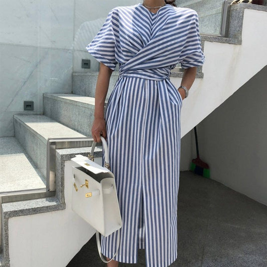 Striped cross-tie dress with front slit skirt for Women