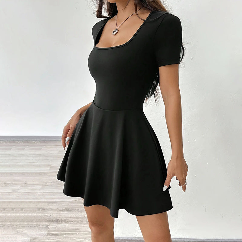 Square Neck Short Sleeve Ruffle Hem A Line Flare Mini Basic Dress