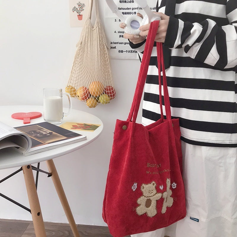 Corduroy Shoulder Bag Lucky Bears Embroidery Striped Canvas Handbag Eco Cloth Tote Cute Soft Shopping Bags For Women