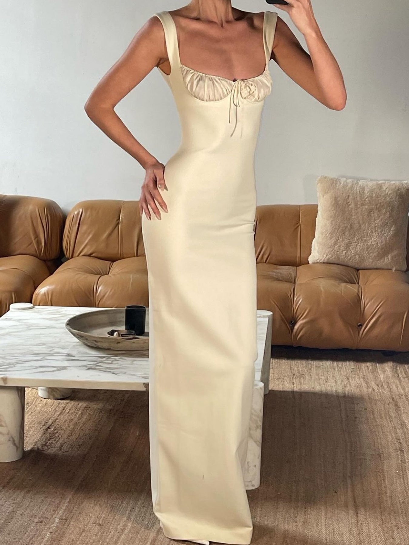 Chic Cream Satin/Crepe Maxi Dress with Side Split White Strapless Slim Fit Bodycon Bust Maxi Dress