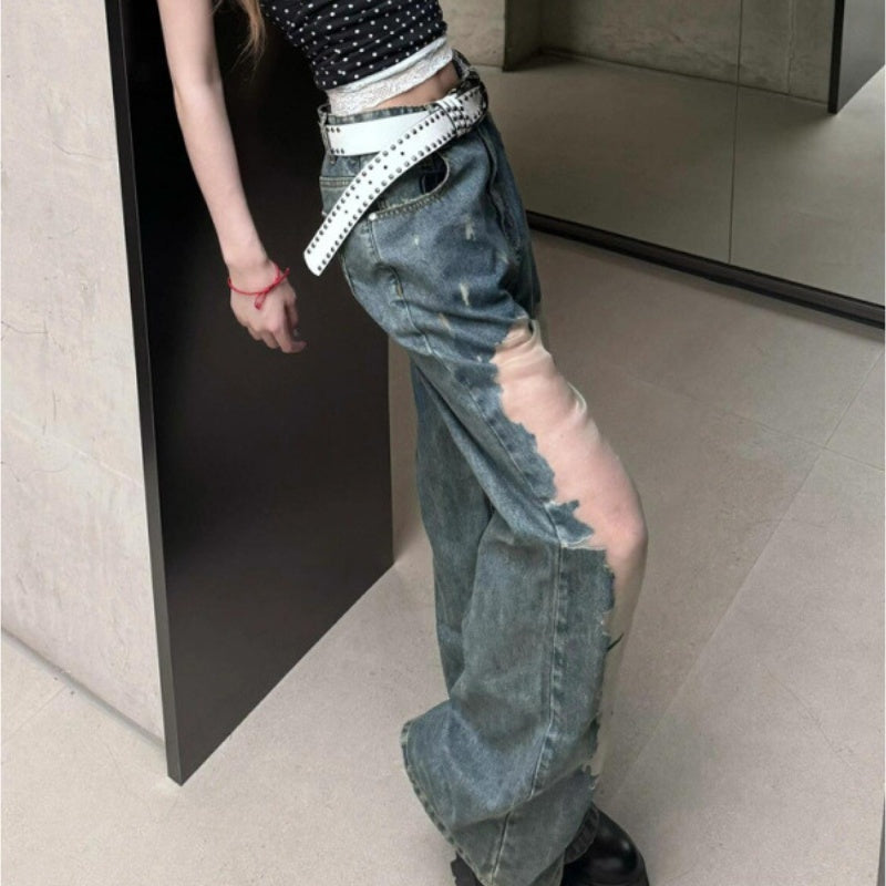 Y2K Grunge Distressed Mesh Jeans – See-Through Panel Streetwear Denim Retro Washed Ripped Jeans For Women Summer Hollow Out
