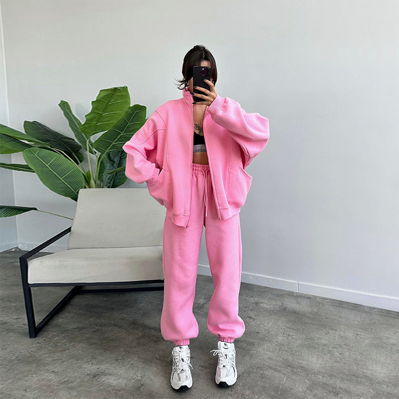 Cozy Core Fleece Set – Zip-Up Hoodie + Relaxed Joggers Sports Suits With Pockets Stand-up Collar Zipper Cardigan And Drawstring Trousers Fashion Jogger Set Outfits Tracksuits Women's Clothing