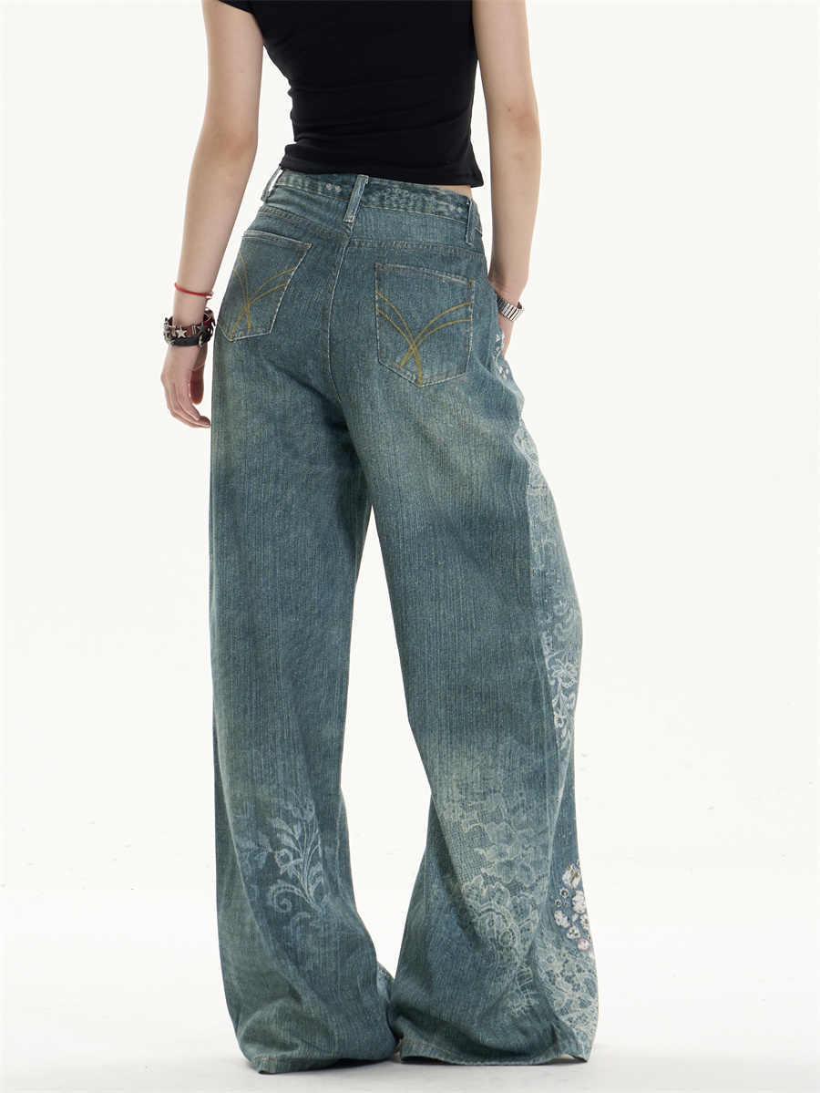 Retro Bowknot Printed Jeans Loose Wide-leg Pants