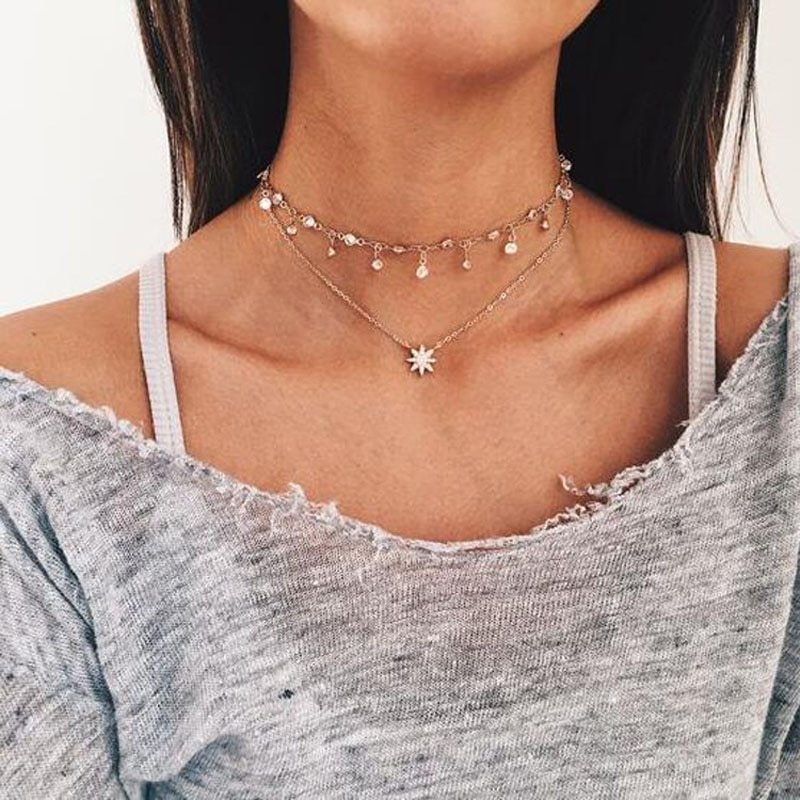 Boho Chic Multi-Layered Necklace Delicate Adjustable Collar Chain Trendy Gold Plated Star Charm Necklace