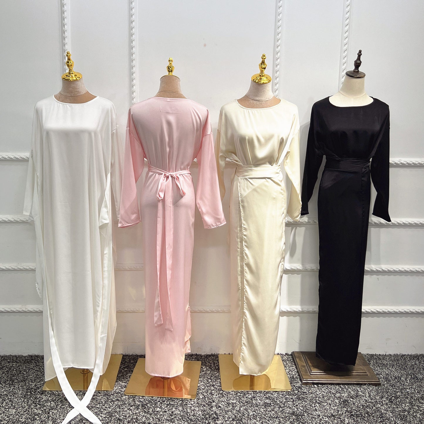 Elegant Long Sleeve Modest Maxi Dress | Sophisticated Full Length Gown Soft Waist Dress Satin Women