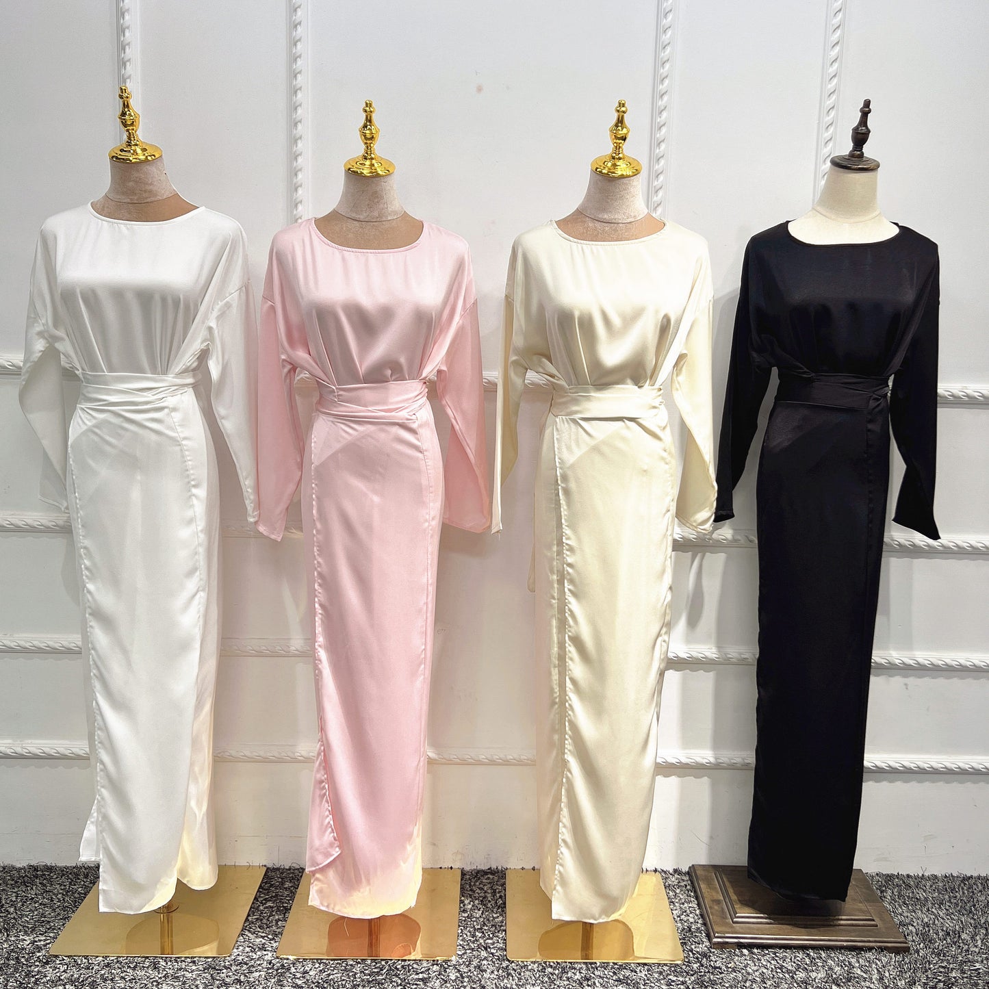Elegant Long Sleeve Modest Maxi Dress | Sophisticated Full Length Gown Soft Waist Dress Satin Women