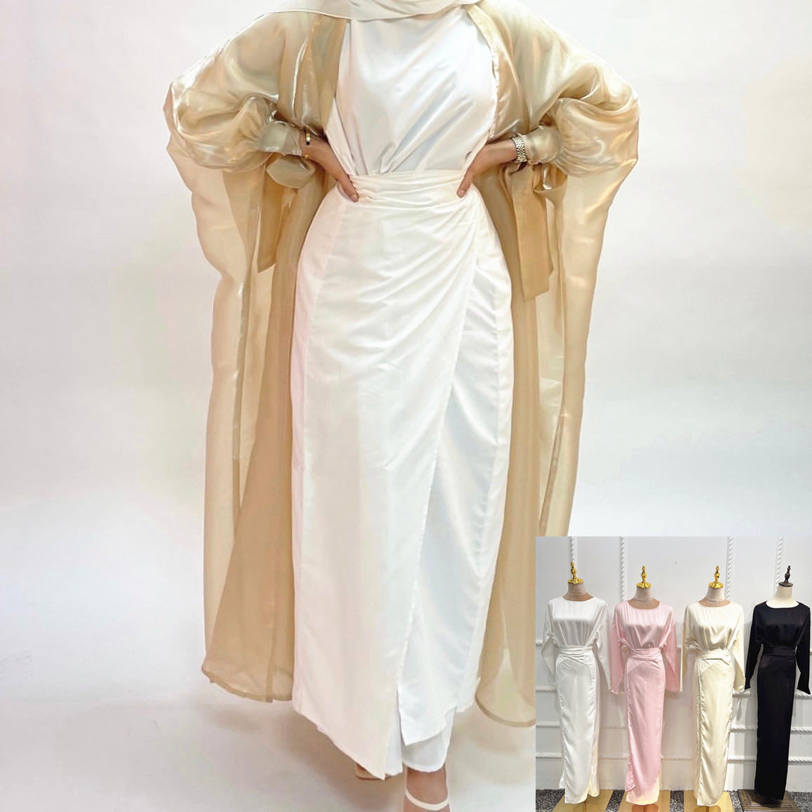 Elegant Long Sleeve Modest Maxi Dress | Sophisticated Full Length Gown Soft Waist Dress Satin Women