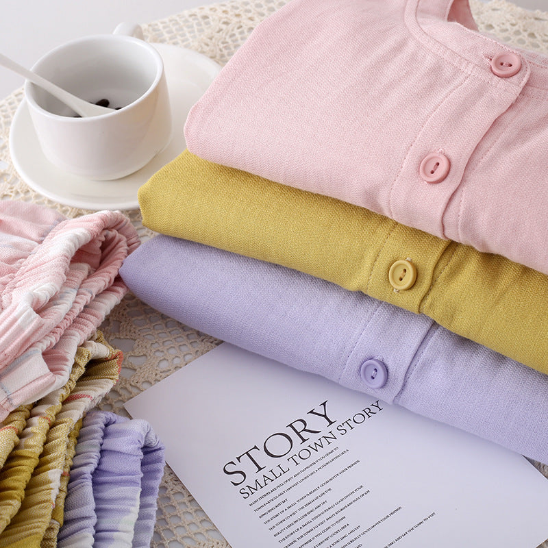 Classic Notch Collar Top & Checkered Bottoms PJs Color Woven Double Gauze Couple Cotton Pajamas Set Day Round Collar Long Sleeve Four Seasons Thin Men And Women Home
