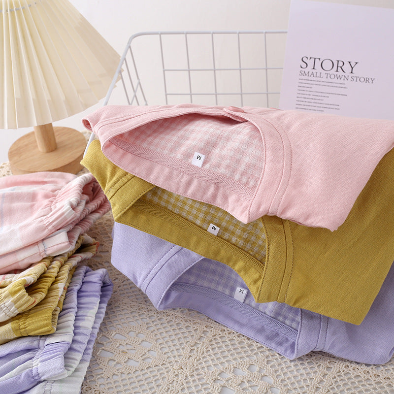 Classic Notch Collar Top & Checkered Bottoms PJs Color Woven Double Gauze Couple Cotton Pajamas Set Day Round Collar Long Sleeve Four Seasons Thin Men And Women Home