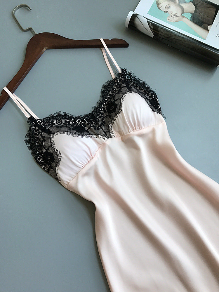 Sexy Satin & Lace Slip Dress Nightgown V-neck Lace Hem Strap Nightdress