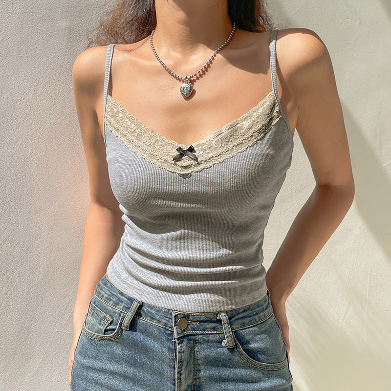 Girl Style Fashionable Knitted Lace Patchwork Round Neck Navel Short Vest