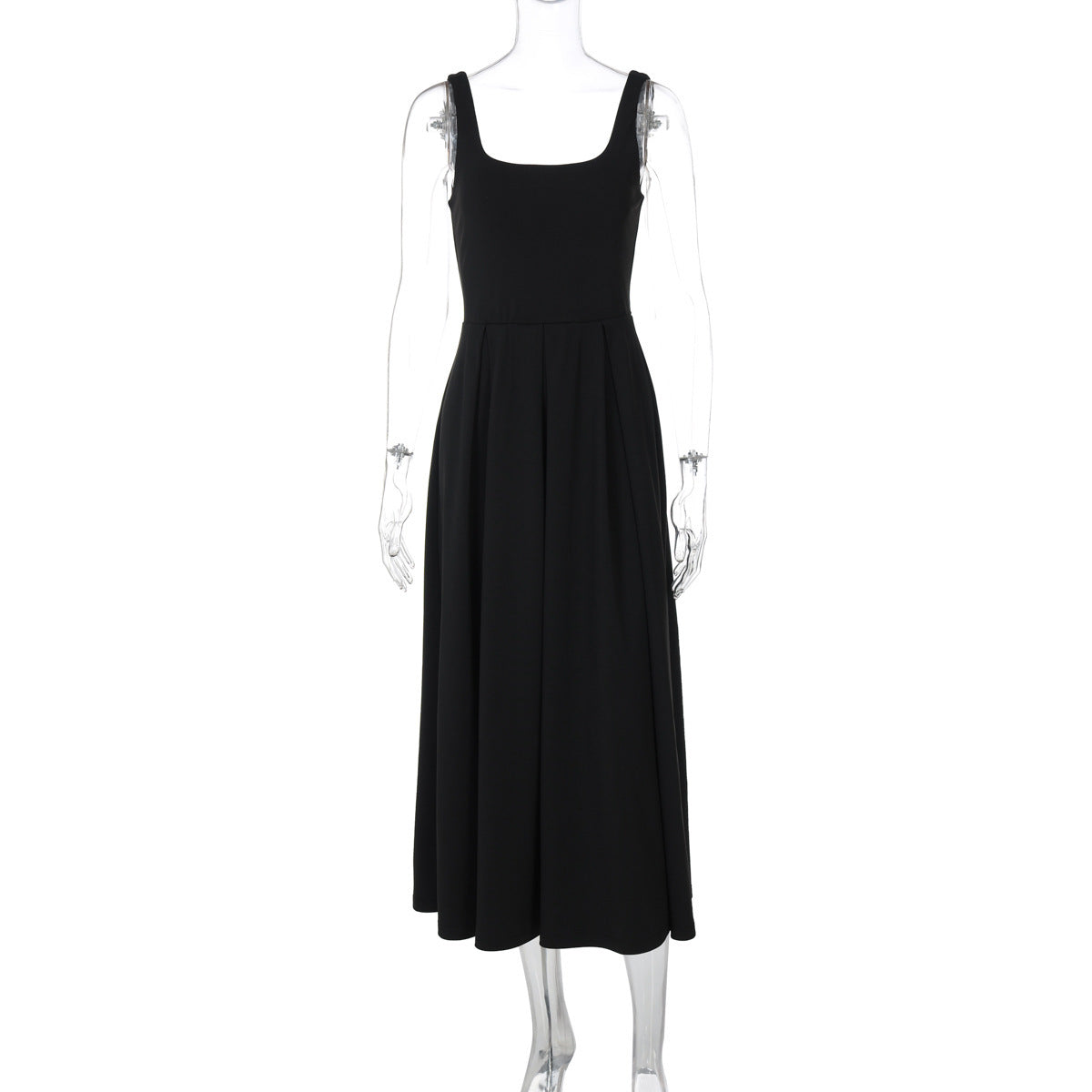 Square Collar Sleeveless Waist-slimming Long Dress Pleated Suspender