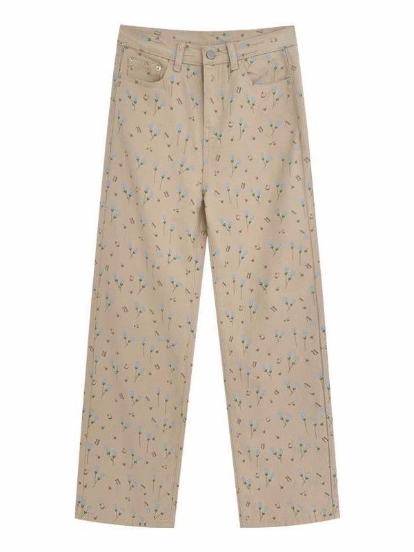 Beige Floral Embroidered Straight-Leg Pants – Vintage High-Waist Soft Girl Aesthetic Apricot Floral Jeans Women Loose Wide-leg Straight Trousers