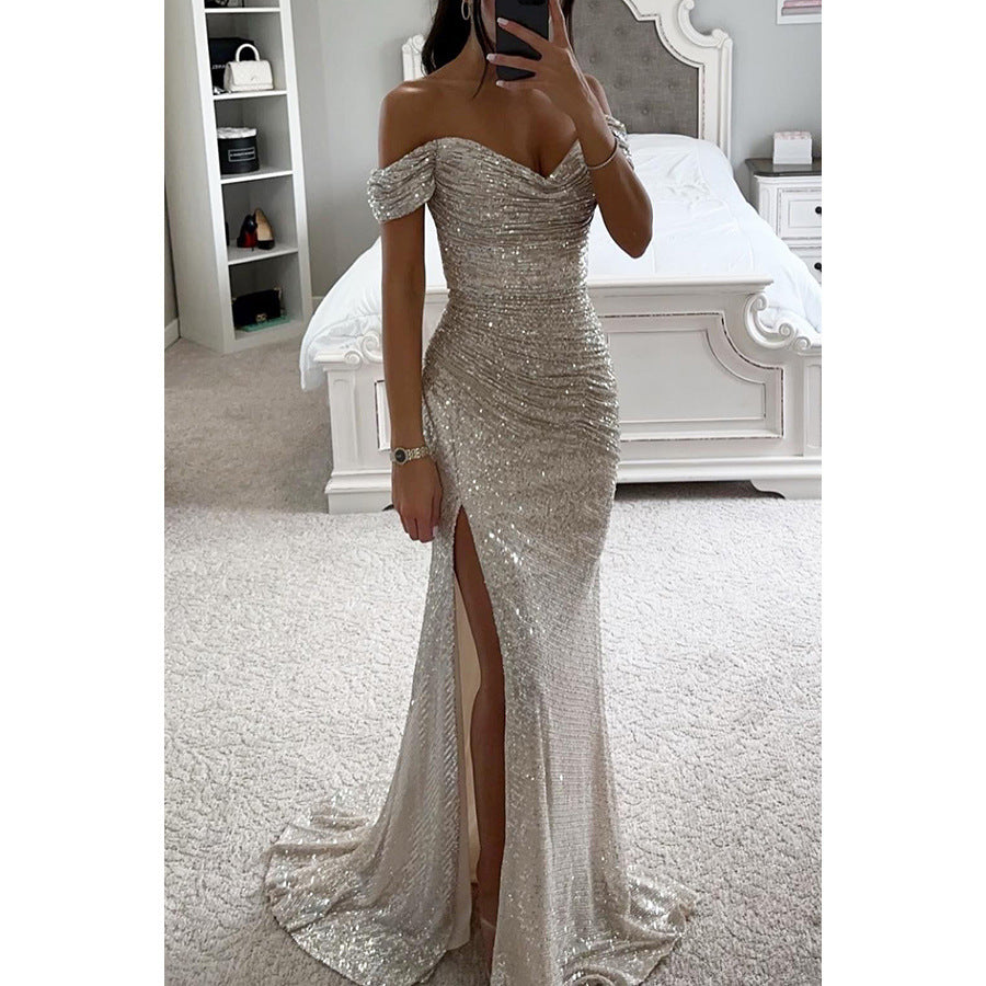 Party Sequins Off-neck Split Dress INS Casual Fashion Dress For Women