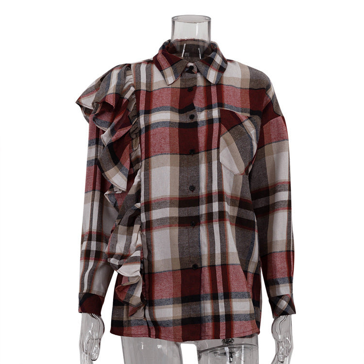 Plaid Lapel Long Sleeve Cardigan Shirt For Women's