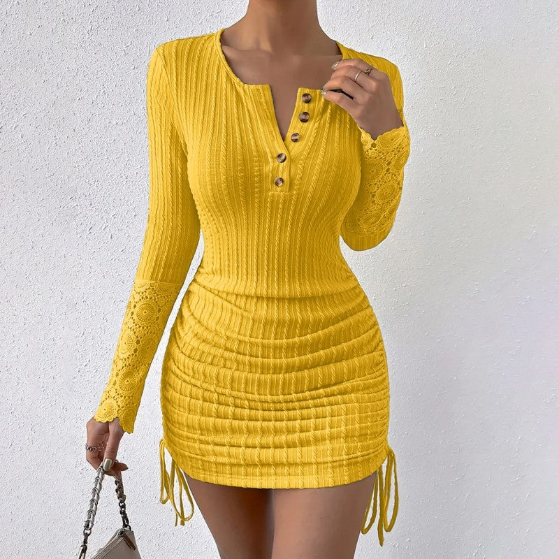 Elegant Bodycon Dress - Round Neck With Button Detail, Solid Color Long Sleeve Lace Cuff & Drawstring Hem Holiday Dress For Women's
