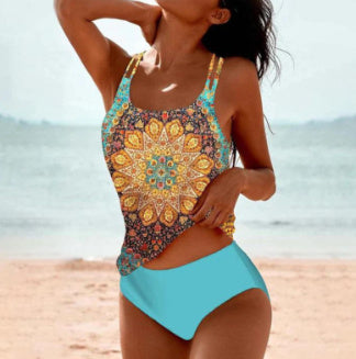 Tropical Escape Tankini & Swim Dress Set – Flowy Fit, Built-In Support, & Beach-Ready Style Bikini Beach Print Suspender Swimsuit Suit
