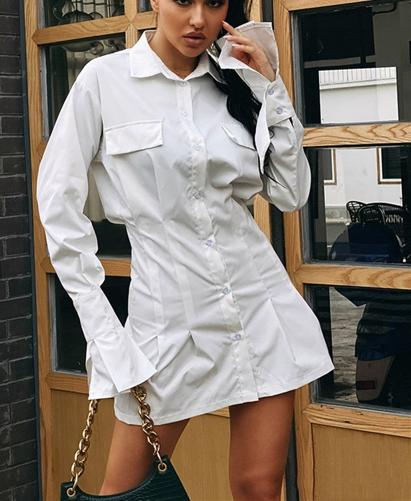 Long Sleeve Shirt Dress - Button Down Mini Dress with Pockets Women Shirt Dress