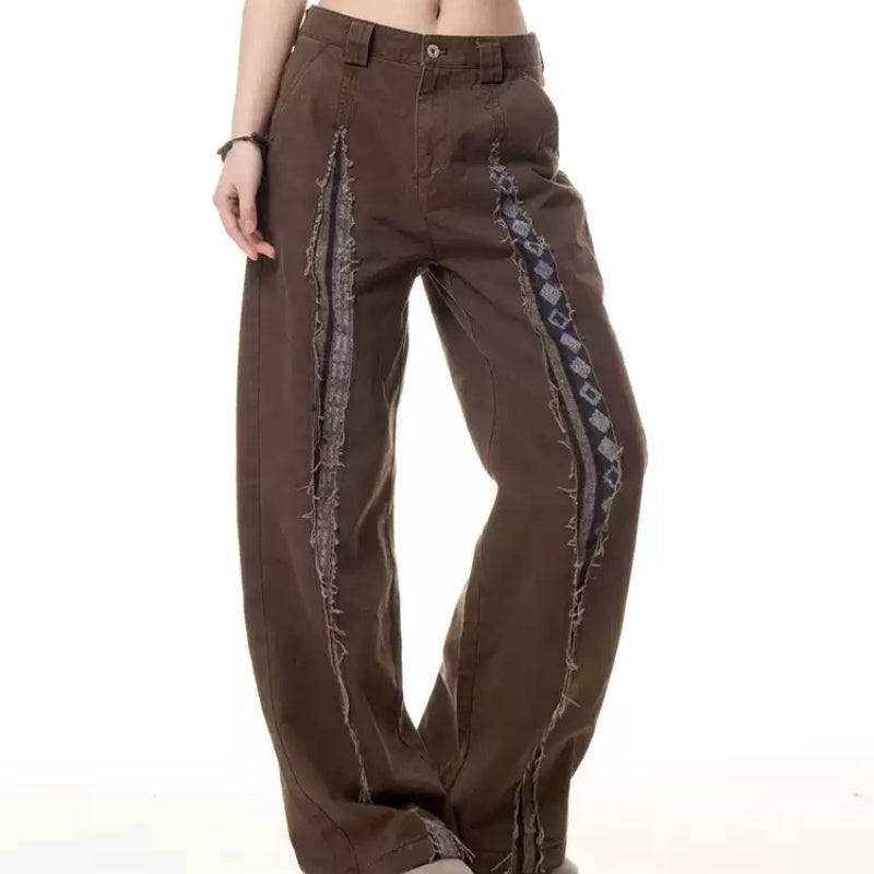 Y2K Tribal Stitch Flared Pants – Brown Statement Streetwear Retro Frayed Stitching Design Multi-pocket Jeans For Women