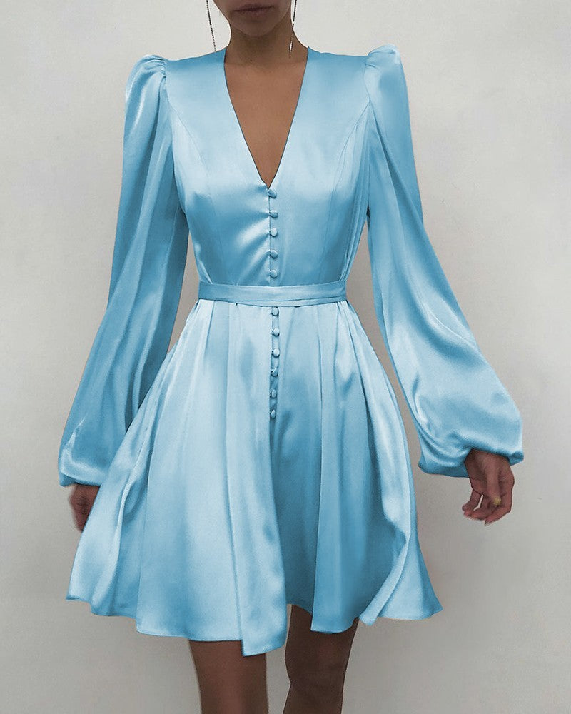 Elegant Pink Satin Mini Dress | V-Neck Puff Long Sleeve Satin Satin V-Neck Temperament Slim Dress