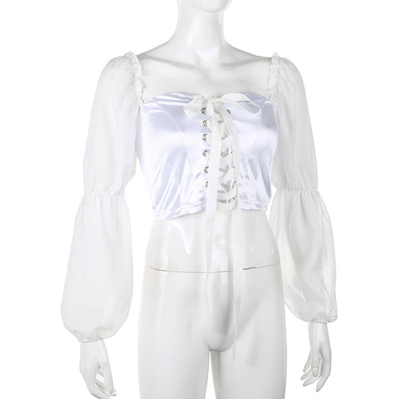 Mesh Puff Sleeve Tie Full Sleeve Top