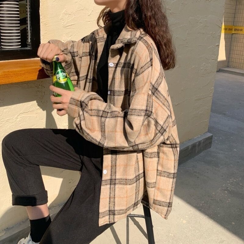 Cozy Plaid Oversized Shirt - Multi-Color Options Korean Style Loose Mid-Length Cardigan Top