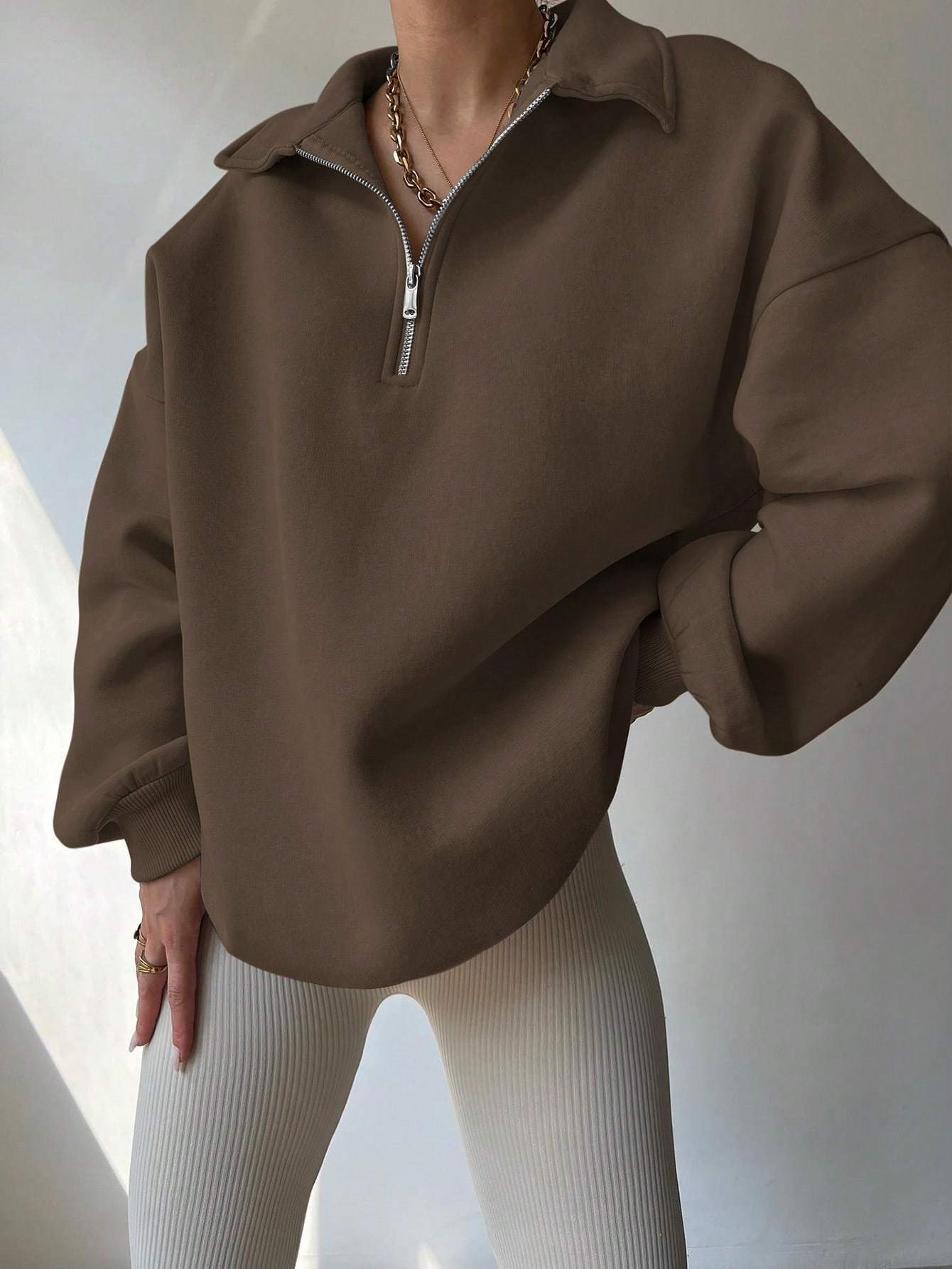 Elegant Plain Front Zipper Long Sleeve Simple Hoodie For Women's