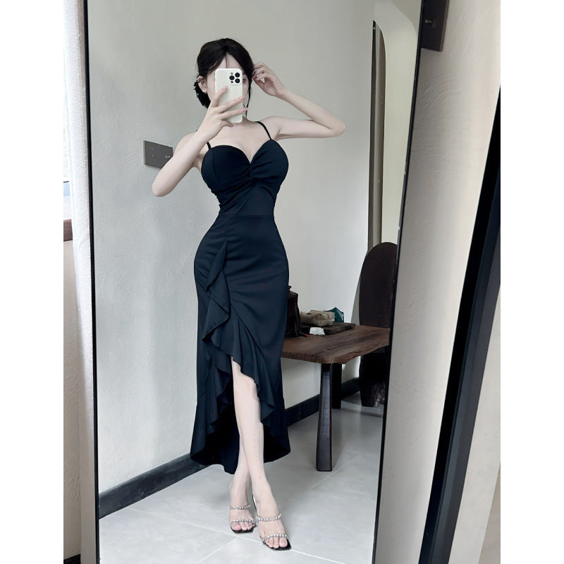 Sexy Long Spaghetti-strap Ruffle Bottoming Skinny Dress