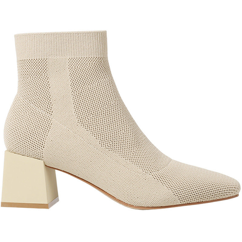 All-match Stretch Knitted High Heel Solid Color Chunky Heel Square Toe Boots Women