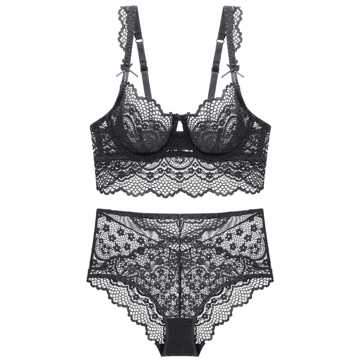 Sexy Sheer Mesh & Floral Lace Elegant Sleeveless Mesh & Lace One-Piece Lingerie Blue Ladies Bra And Panties Set