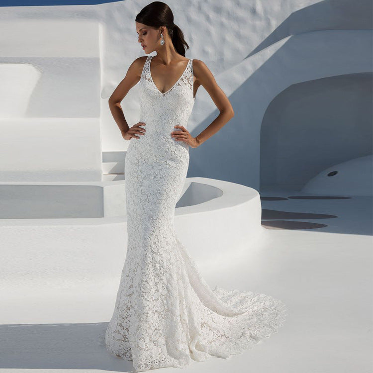 Deep V Sexy Lace Backless Sexy Party Dress Sleeveless White Trailing Dress