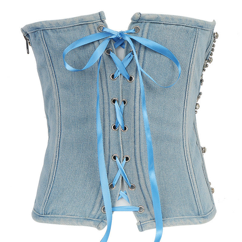 Trendy Rhinestone Denim Crop Top - Y2K Fashion Slim Performance Clothes Korean Style Zipper Top Women