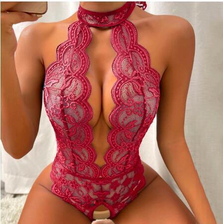 Sexy Black Sheer Lace Halter Neck Bodysuit Women's Fashion Simple Solid Color Lace Jumpsuit
