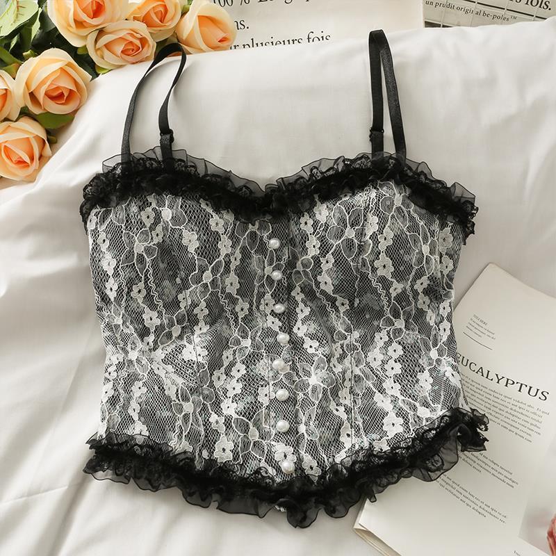 Elegant Sleeveless Ruffled Lace Tank Top Embroidered Pearl French Breathable Tank Top