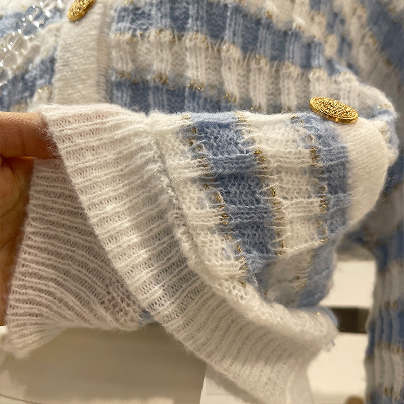 Korean Style V Neck Striped Knit Lazy Style Loose Crop Top